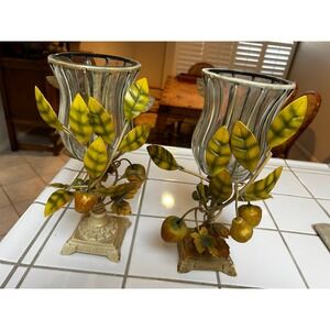 Vintage Pair Candle Holders Glass Hurricane Fruit Leaf Design Accent Decor